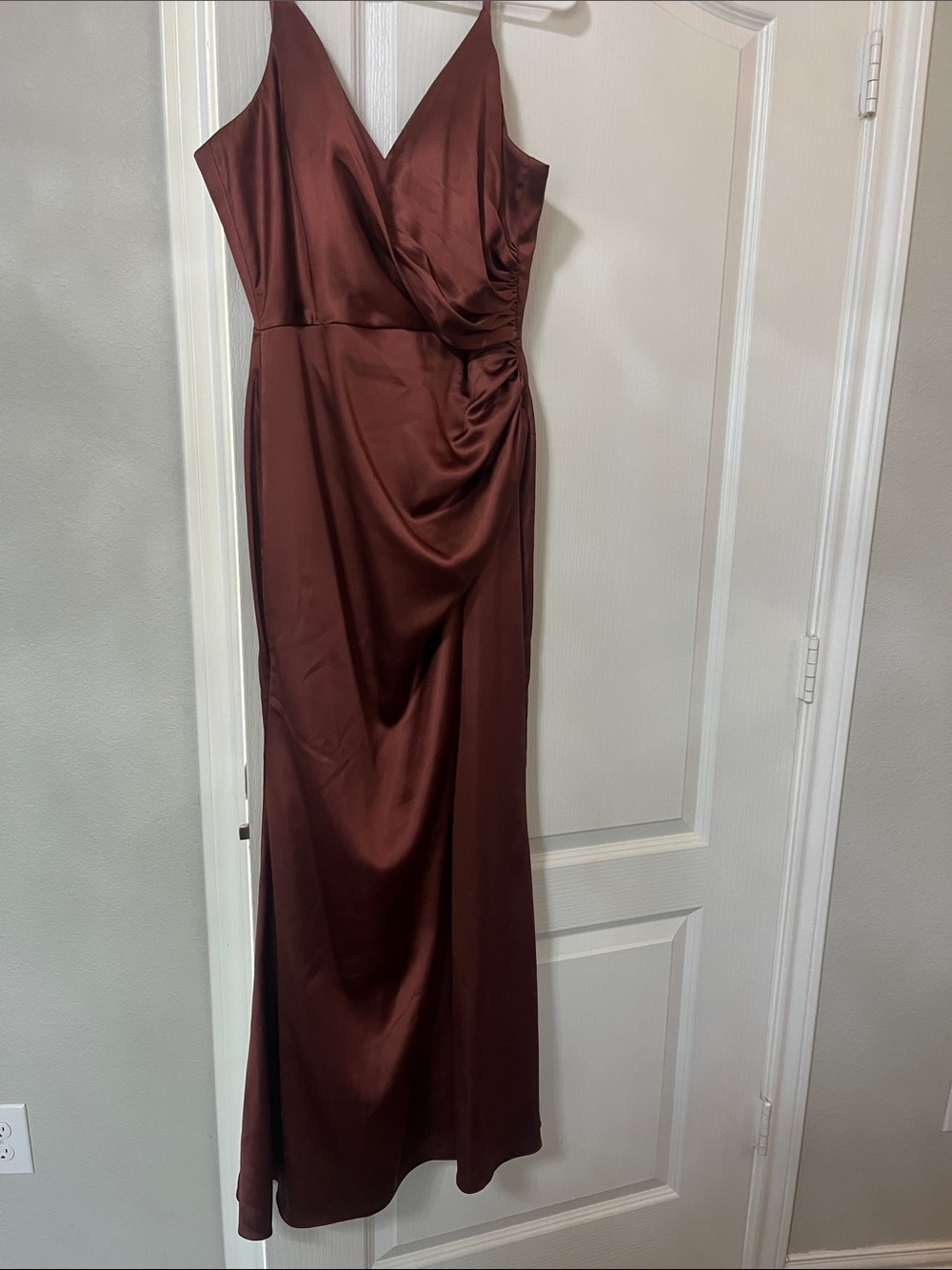 Revelry Satin V-Neck Maxi Dress in Rich Brown